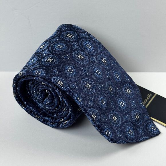 Faconnable Tie Blue Medallion Pattern Silk Made in Italy Wedding Luxury Preppy